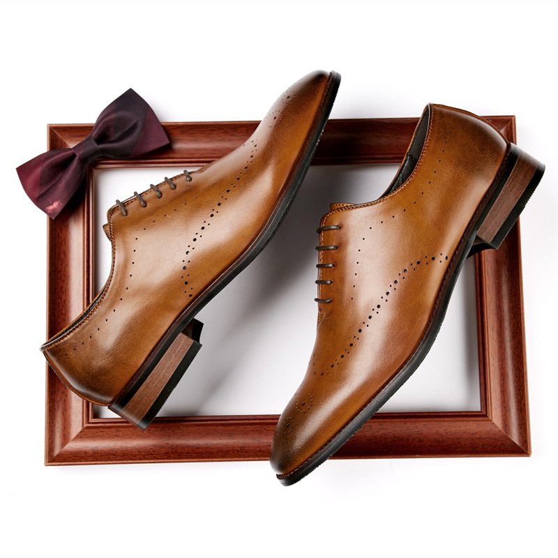 Pánska Spoločenská Obuv Oxford Brogue Carved Chiseled Toe Wood Heel - žltá