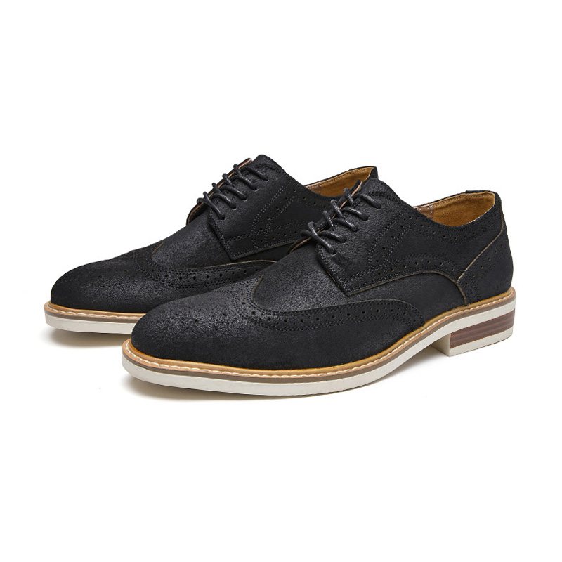 Pánske Spoločenské Topánky Brogue Suede Kravská Koža Retro Derby S Okrúhlou Špičkou - čierna